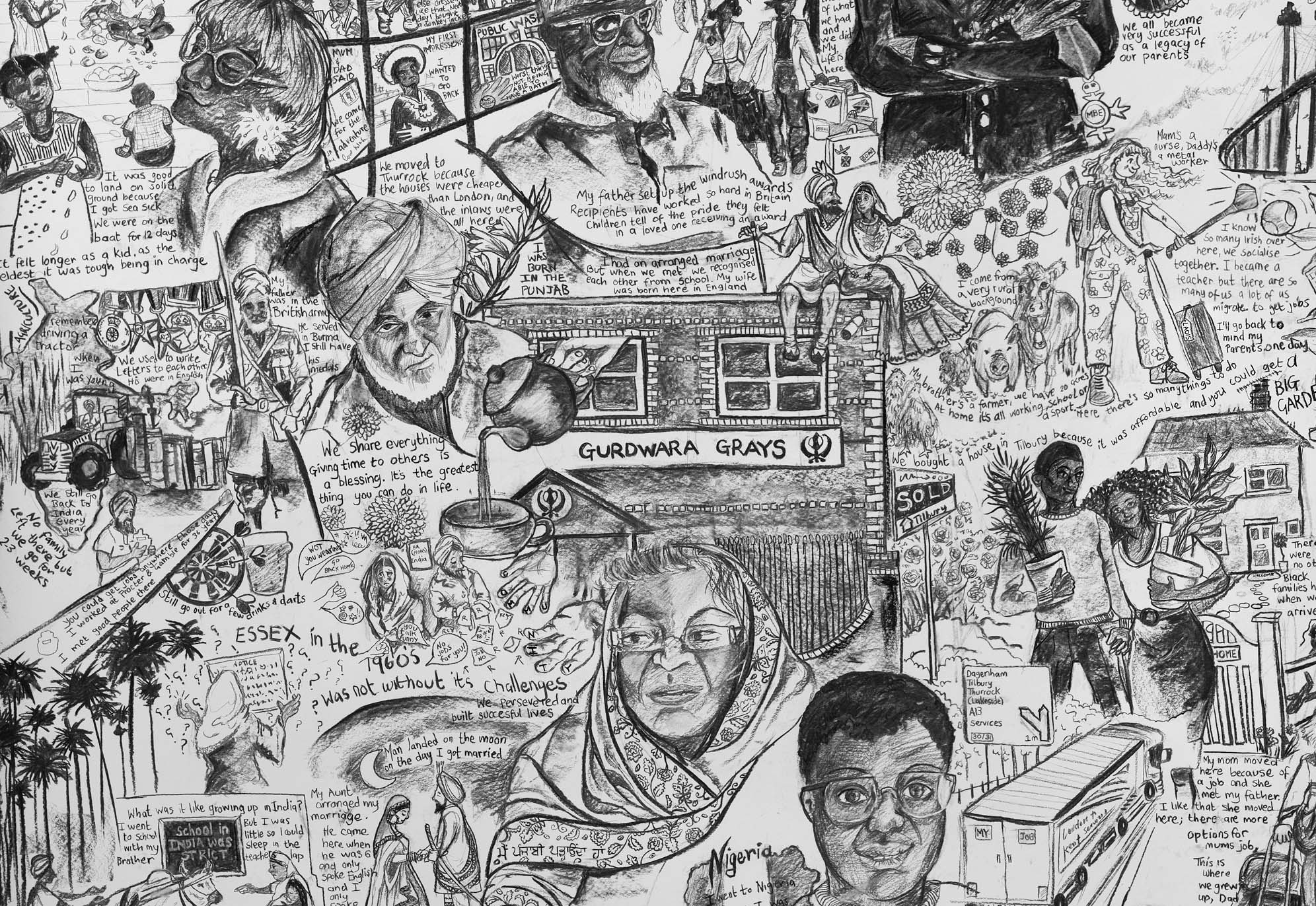 Detail of large-scale illustration by Salina Jane depicting the stories of over fifty people