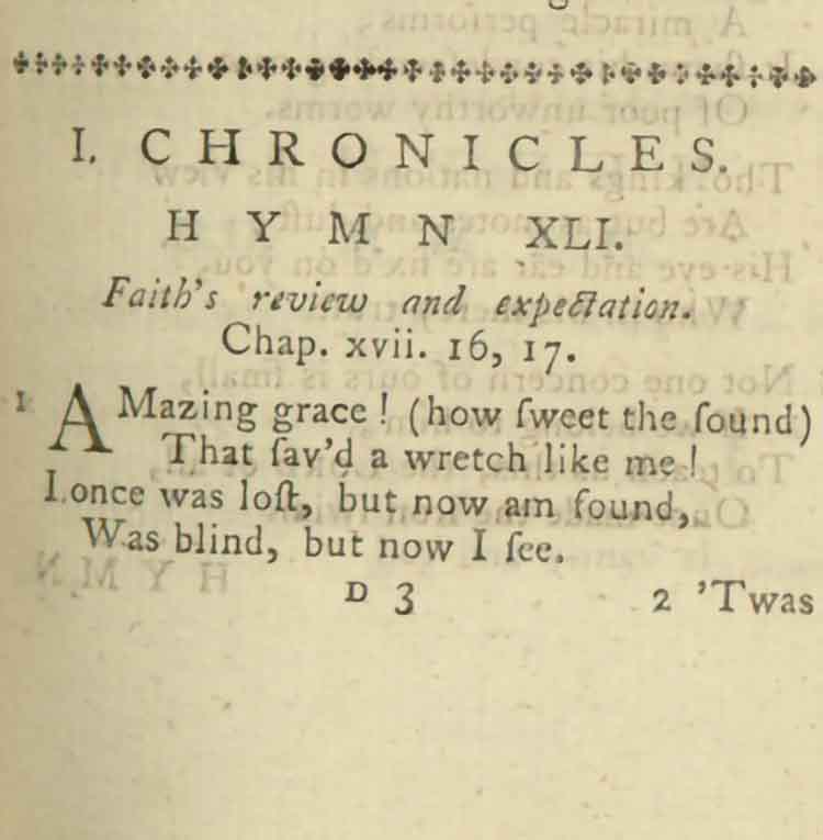 Page from the Olney Hymn Book showing the verses that would come to be known as "Amazing Grace"