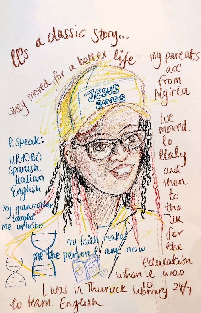 Drawing telling the story of moving to the UK from Nigeria